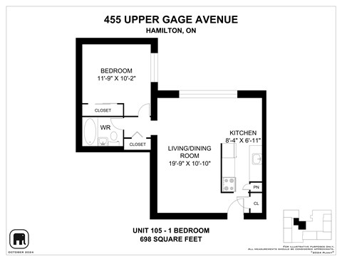 Floor plan for 1 bed, 1 bath